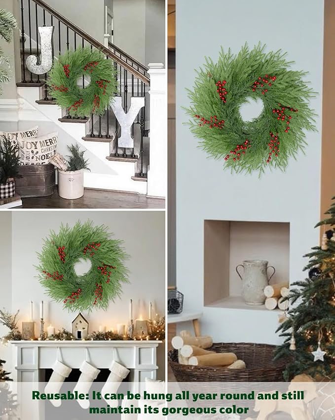 Artificial Christmas Wreaths for Front Door,26" Large Winter Wreaths for Indoor and Outdoor Christmas Decorations,Norfolk Pine Door Wreath with Red Berries for Wall Window Porch Farmhouse Stair