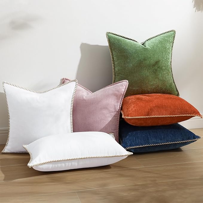 decorUhome Christmas Chenille Soft Throw Pillow Covers 22x22 Set of 2, Farmhouse Velvet Neutral Decorative Euro Fall Pillow Covers with Stitched Edge for Couch Sofa Bed Home Decor, Forest Elf