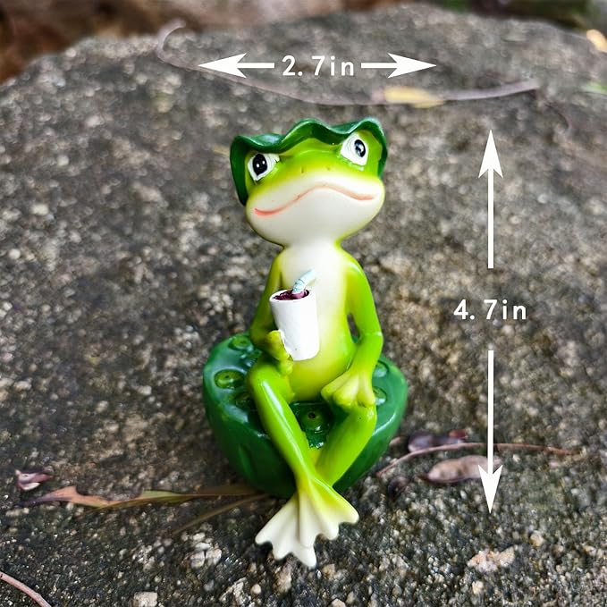 Frog Figurine Garden Decor for Outside, Frogs Statue Plant Decorations for Pots, Fairy Garden Figurines for Lawn Ornaments, Yard Decorations Outdoor, Frog Gifts for Women (1, Drink Frog)