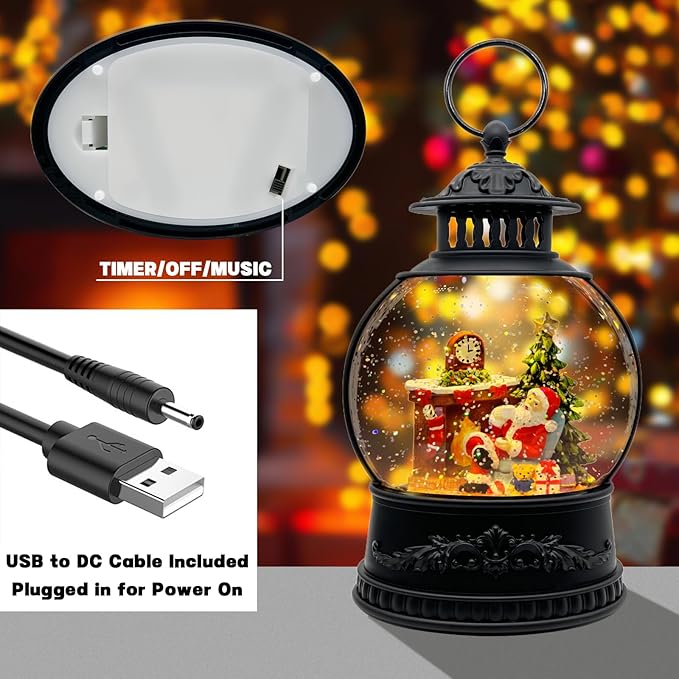 Christmas Snow Globe Lantern with Music & Timer - USB/Battery Operated LED Glittering Globe, Snow Globe Decor for Home Holiday (Santa Claus)