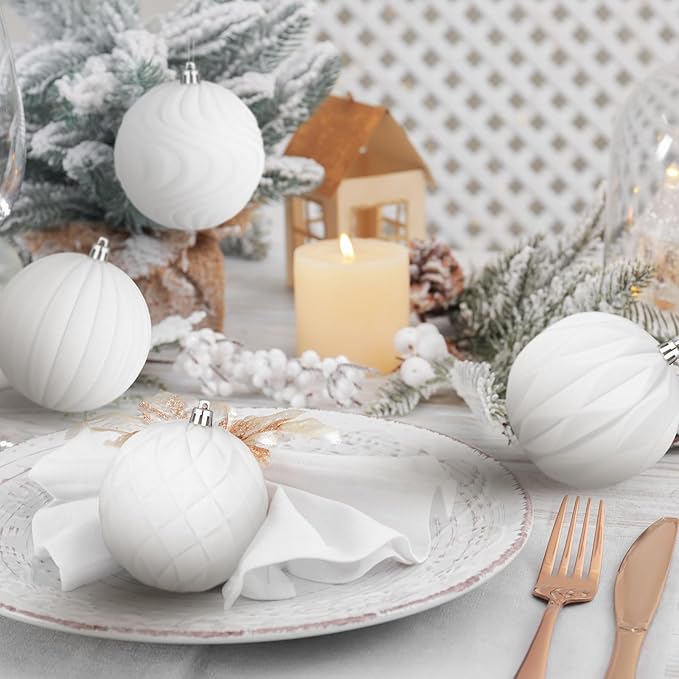4 Pcs 4 Inch Large Velvet Christmas Ball Ornaments Vintage Christmas Plastic Ball Ornaments Flocked Tree Hanging Decoration for Xmas Party Wedding Home Decor(White)