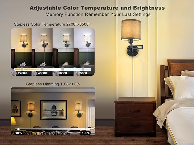 Plug in Wall Sconces with Remote Control, Dimming 10%-100% & Adjustable Colors 2700K-6500K, Hardwire or Plug-in, Swing Arm Wall Lamp with Gray Fabric Shade, Wall Sconces Set of Two, Black Finish