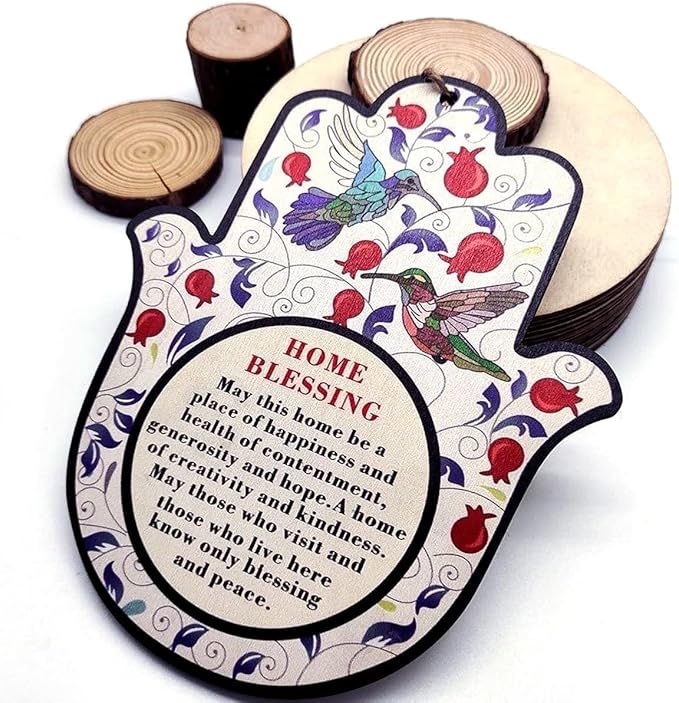 ArancioneandQ (English Blessing) 7.1 Inch Hamsa Good Luck Home Blessing Red Pomegranates and birds Protection Amulet Hand Wall Hanging Decor Evil Eye Protection gifts for home