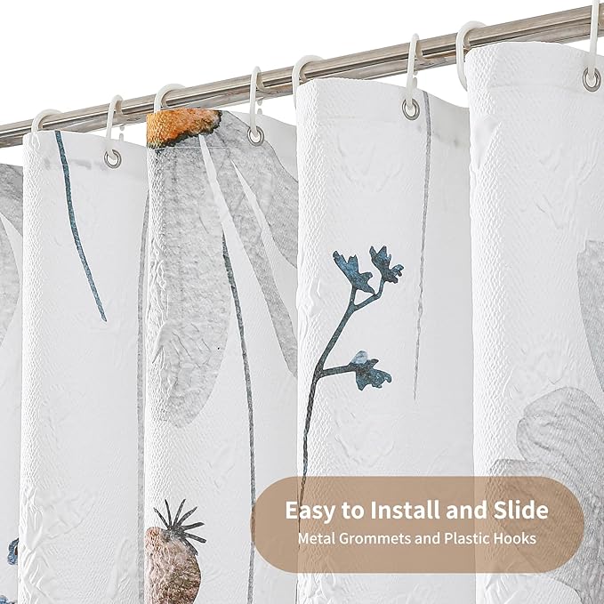 QiyI Floral Shower Curtain, 3D Embossed Butterflies Flower Bathroom Curtain, Watercolor Grey Daisy Minimalist White Cloth Bath Curtain, Waterproof Fabric Soft Shower Curtain Set with Hooks, 72x72