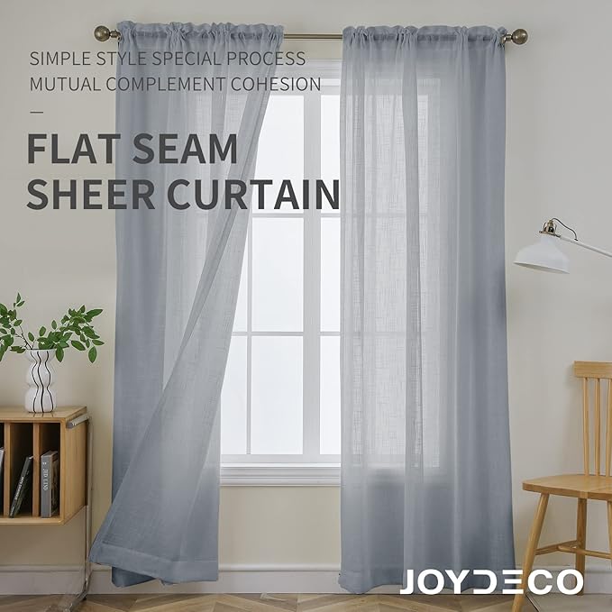 Joydeco Grey Sheer Curtains 84 Inch Length 2 Panels Set, Rod Pocket Linen Sheer Curtain Drapes, Voile Window Treatments for Bedroom Living Room (54x84 inch,Cross Pattern)