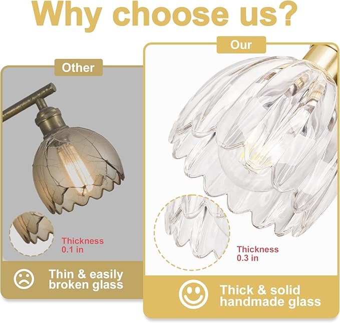 Vintage Bathroom Light Fixtures,3-Light Hardwired Vanity Lights Over Mirror,Gold Wall Sconces with Clear Tulip Glass Shade for Bathroom Living Room,E26 Socket(Bulbs Not Included)
