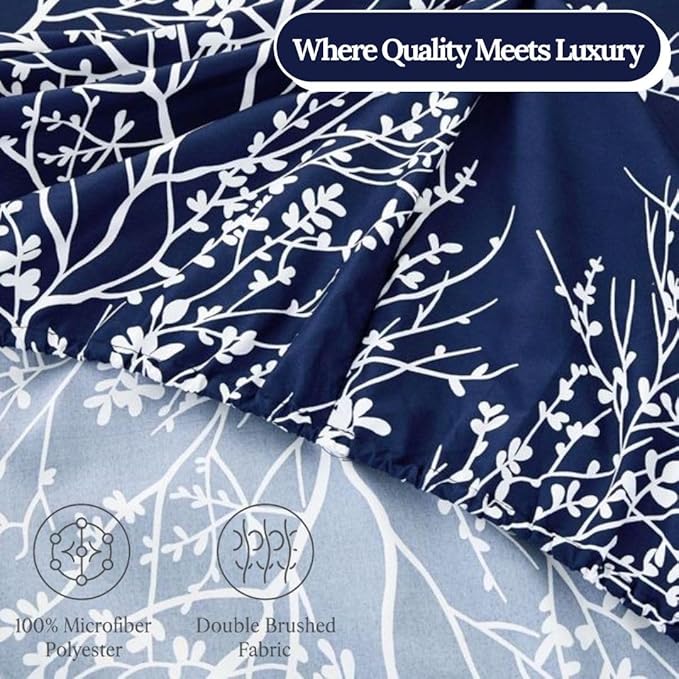 Spirit Linen Bed Sheets Queen Size - Pure Microfiber 4 Piece Polyester Bed Sheets - Soft Sheets Queen for All Seasons (Foliage Navy/White, Queen)