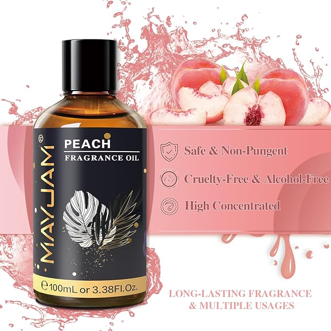 MAYJAM 100ML/3.38FL.OZ Peach Fragrance Oils with Glass Dropper, Essential Oils for Diffusers for Home, Long Lasting Scented Oils for Diffusers Soap Candle Making