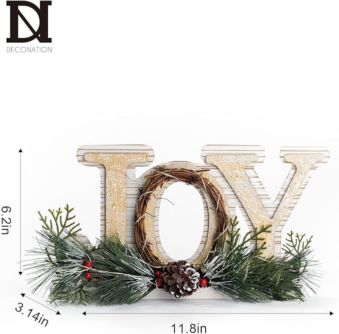 DN DECONATION Rustic Wooden Tabletop Christmas Joy Sign Decoration-White and Gold Xmas Joy Decorated with Needle Pine Branch, Pine Cone & Red Berries for Home Farmhouse Fireplace Mantel Decor