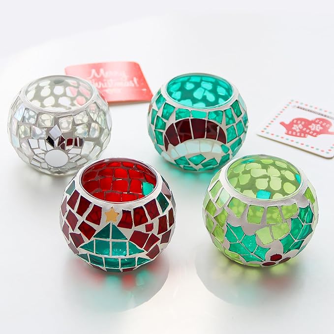 4 PCS Mosaic Glass Tealight Votive Candle Holders - Red & Green Christmas Table Centerpiece Decorations for Indoor/Outdoor Holiday Decor