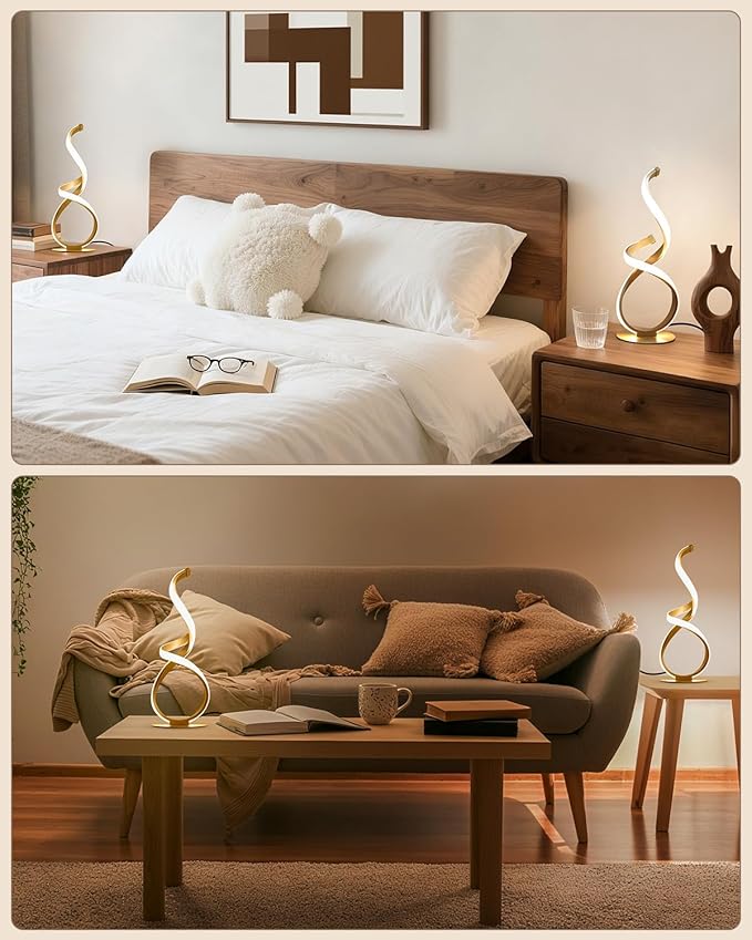 2 Pack Bedside Table Lamp, LED Spiral Desk Lamp, Touch Dimmable, 3 Color Temperature, Modern Nightstand Light for Night Stands, Unique Side Light for Bedroom, Living Room, Gold