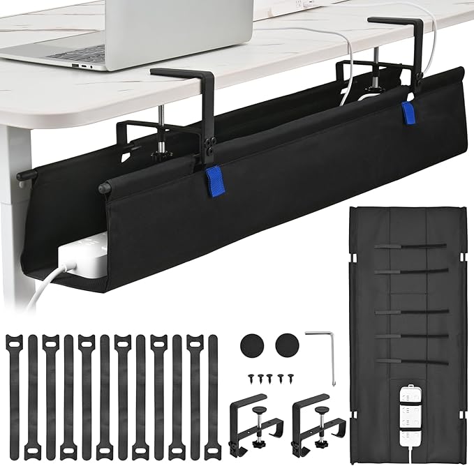 28" Under Desk Cable Management Tray- Clamp/Screw Mount Desk Cable Organizer Cable Tray Hiders for Office&Home