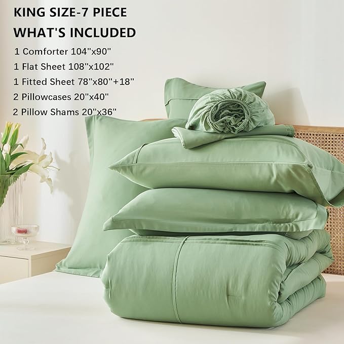 Yogeneg King Size Comforter Set 7 Piece Bed in a Bag,Grid Pinch Pleat Sage Green Bedding Set,Striped Textured Soft Microfiber Comforter with Sheet Set,All Season Complete Bed Set(Sage Green,King)