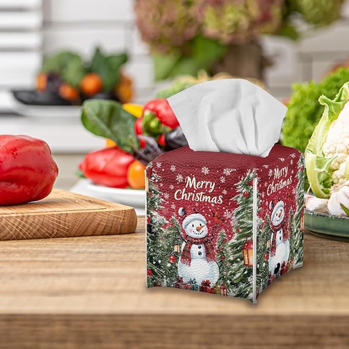 Christmas Tissue Box Cover Square PU Leather Tissue Box Holder Facial Paper Boxes Case for Tabletop Night Stands Bathroom Office Modern Decorative Cute Snowman Cube Napkin Case