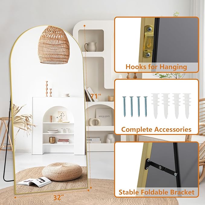 MiryMyst Arched Full Length Mirror, 71"x32" Gold Floor Mirror Free Standing Leaning or Hanging, Full Body Mirror for Bedroom Living Room Gym Cloakroom