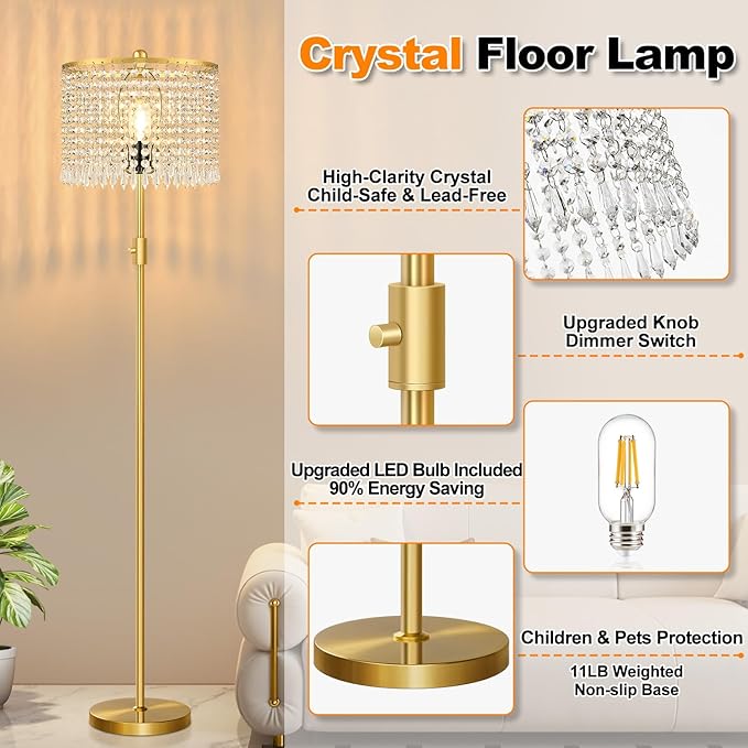 【Upgraded】 Floor Lamps for Living Room, 1000LM LED Bulb Included, Dimmable Standing Lamp with Crystal Lampshade, Tall Gold Pole Light for Bedroom Nursery Office Corner Reading