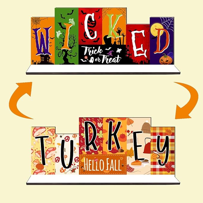 Double-sided Halloween Table Decorations Thanksgiving Tiered Tray Decor Wooden Table Sign, Fall WICKED Party Trick Decoration Tabletop Centerpiece Turkey for Desk Tiered Tray shelf Decor