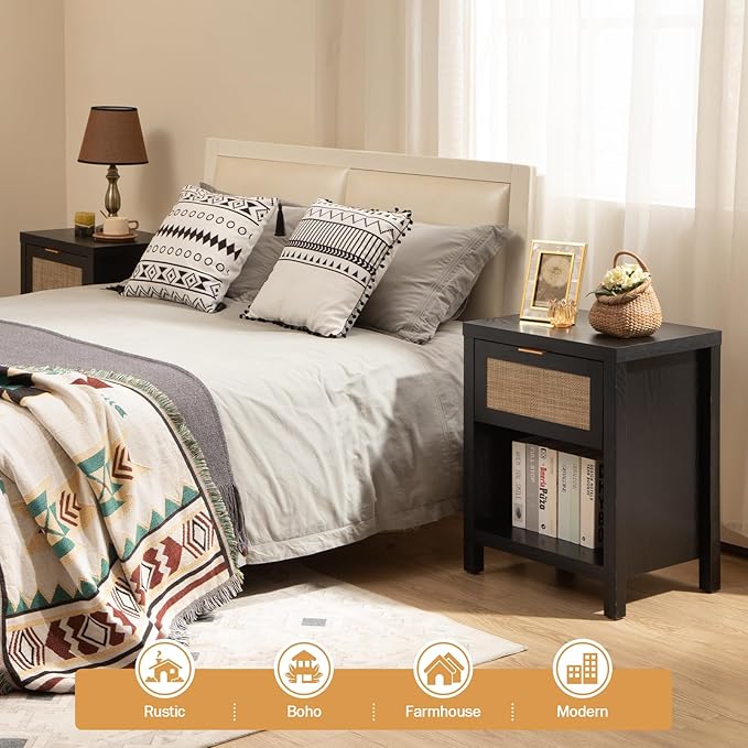 SICOTAS Rattan Nightstand, Farmhouse Night Stands with Drawer, Boho End Side Table for Bedroom, Small Space, Black Oak