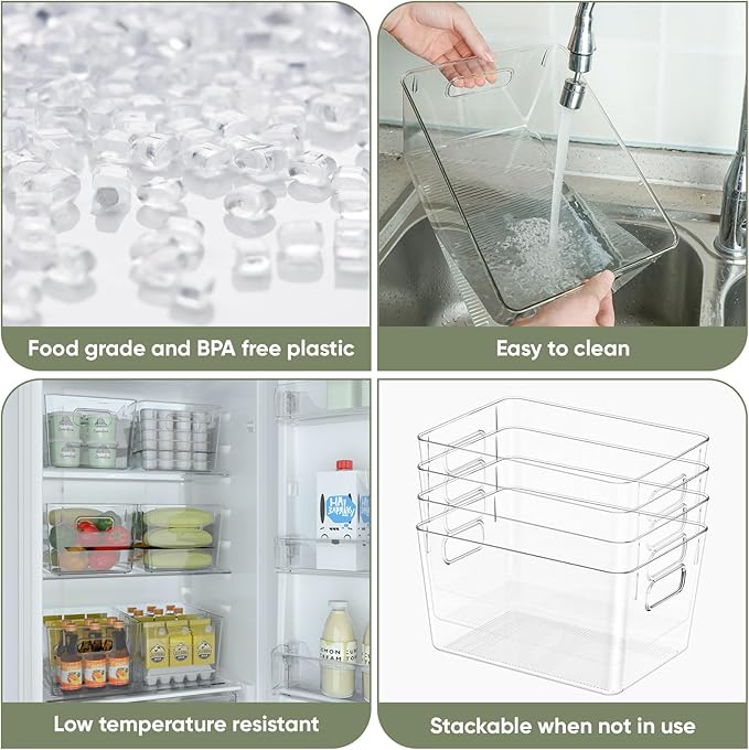 BALEINE Clear Plastic Storage Bins, Pantry Organization, BPA Free Stackable Refrigerator Organizers and Storage with Handles for Kitchen Fridge Cabinet Bathroom (4PK, 11x7.5x6)