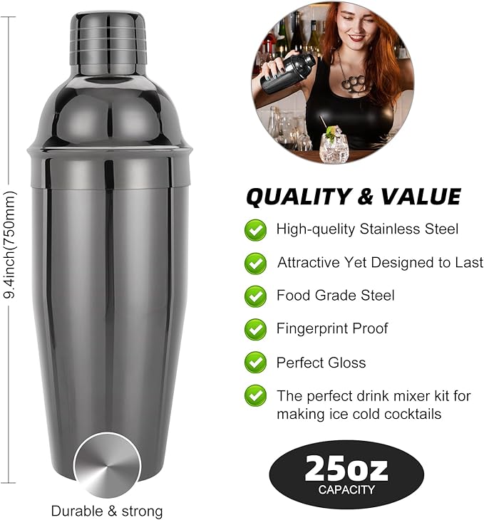 23 Piece Cocktail Shaker Set Bartender Kit with Acrylic Stand & Cocktail Recipes Booklet, Professional Bar Tools for Drink Mixing, Home, Bar, Party (Include 4 Whiskey Stones) - Black