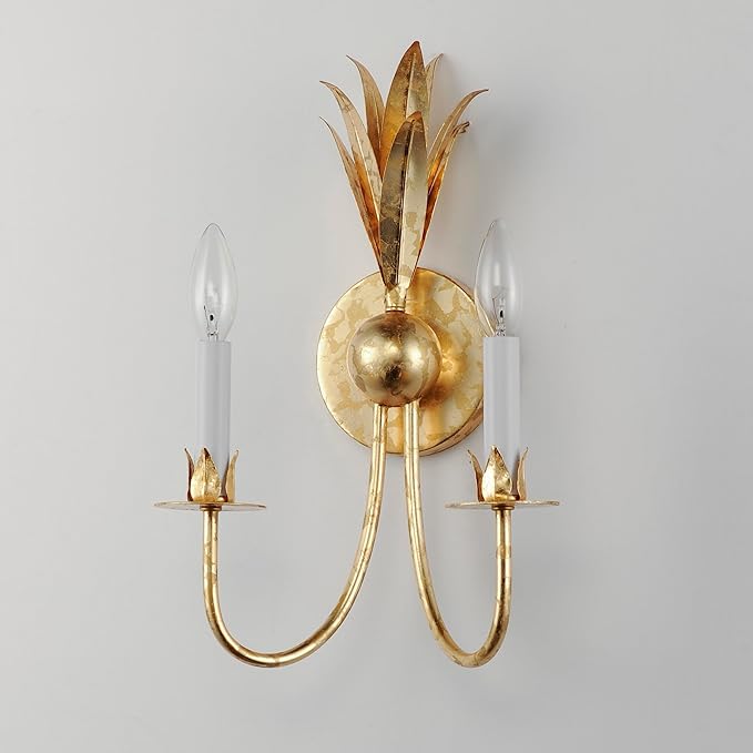 Maxim Lighting Paloma 2-Light Wall Sconce | Gold Leaf Finish | Biophilic Design with Iron Feather Plumes & Floral Bobeches | E12 Candelabra Base | Dimmable | Damp Rated | Model 2881GL