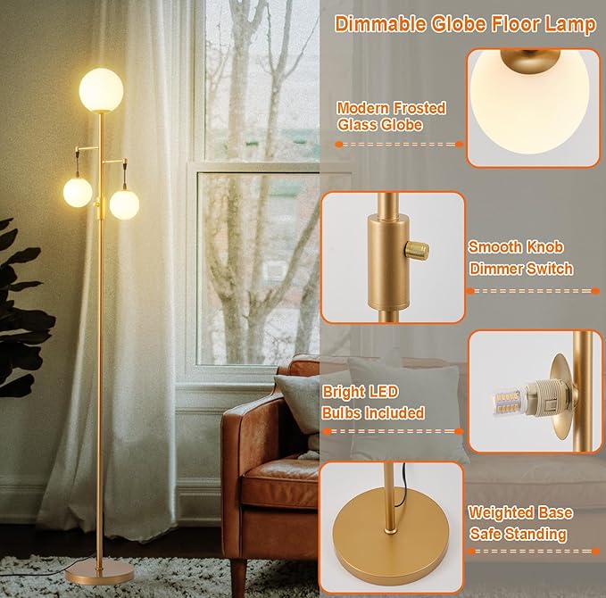 Fiqevs Dimmable Globe Floor Lamp for Living Room, Gold Tree Floor Lamp with Frosted Glass Globe Shade, 3 Light Standing Lamp LED Bulbs Included, Elegant Tall Lamp for Bedroom, Office
