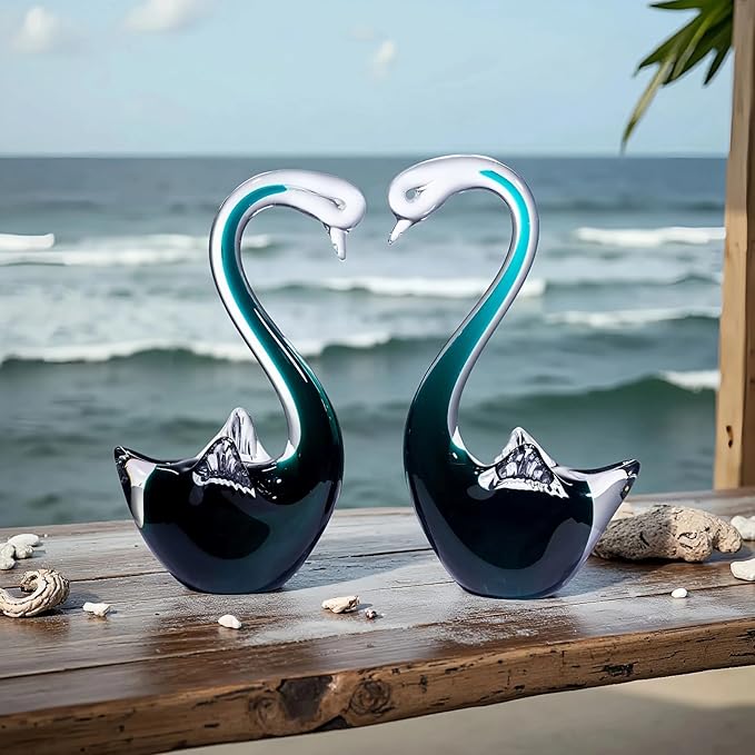 Hand Blown Glass Aqua Green Swan Figurines Set - Weatherproof Glass Art, Indoor/Outdoor Decor, Pair of 2 - Perfect Garden Art, Home Shelf Display & Gift for All Occasions