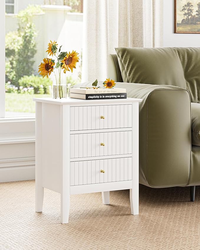 Fluted Nightstand, Farmhouse Night Stand with 3 Drawers, Mid Century Modern Side Accent Table,Bedside End Table for Bedroom, Living Room, White