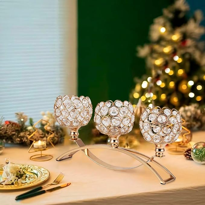 4Set Gold Crystal Candle Holders Decorative Candelabra for Wedding Centerpiece,Metal 3 Arms Candlesticks Holder Stand for Dining Table Living Room Home Decor, Party, Anniversary,Halloween,Christmas