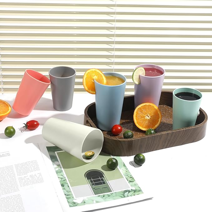 24 Pcs Unbreakable Plastic Cups Set, 20 oz Reusable Plastic Cups, Stackable Water Tumblers, Drinking Cup for Kitchen, Outdoor, BPA-free, Dishwasher Refrigerator and Microwave Safe (20 oz, 6 Colors)