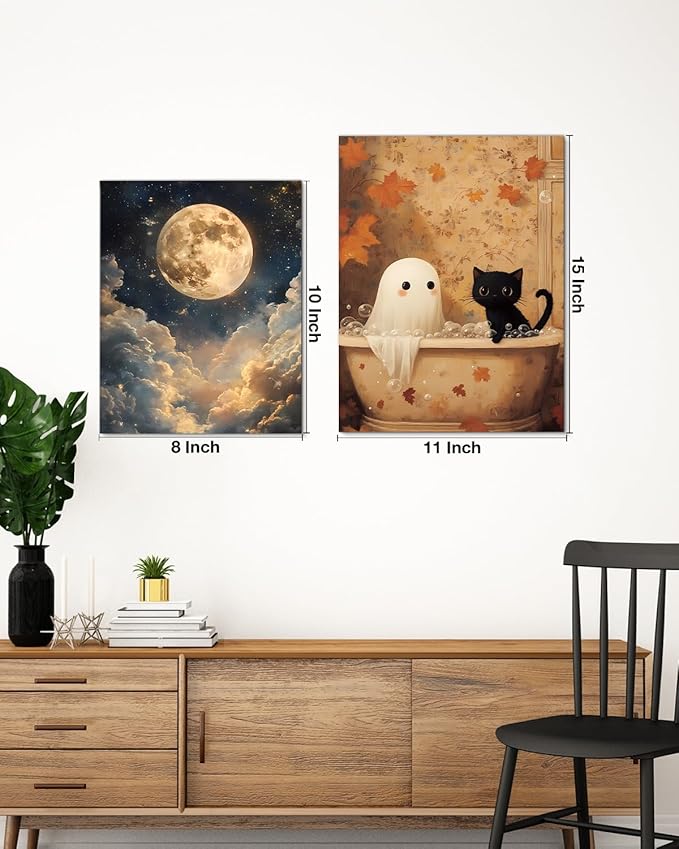 Aesthetic Celestial Moon Wall Art Decor Night Sky Moon Dark Academia Canvas Print Poster Framed Picture Painting for Home Living Room Bedroom Wall Decor 8x10 Inch