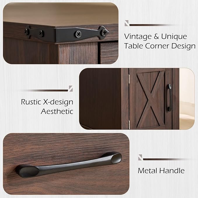 EROMMY Farmhouse End Table with Charging Station, Narrow Side Table for Living Room, Nightstand with Drawer and Storage Cabinet, Adjustable Shelf, Choco