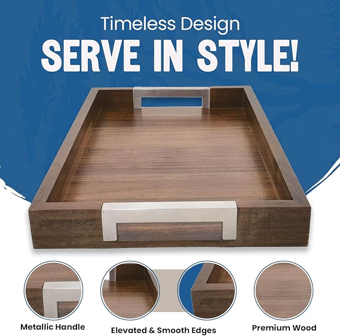Large Wooden Ottoman Tray with Handles for Serving Food, Decorative Serving Platter for Breakfast, Dinner & Bar, 17.5x11.8 in Rustic Storage Tray for Kitchen, Bedroom & Gift Packaging