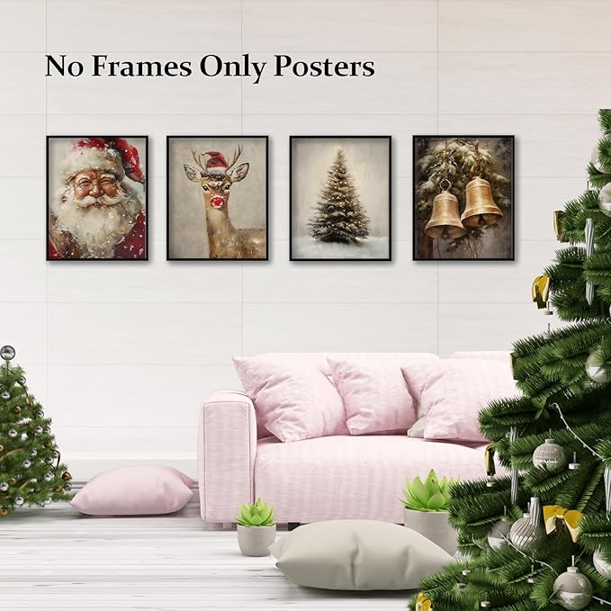 TFKFJLF Vintage Christmas Santa Posters for Wall, Christmas Tree Deer Painting Pictures Decor Wall Art, Vacation Decorations for Bedroom Bathroom Living Room Office, Unframed 8x10in Set of 4