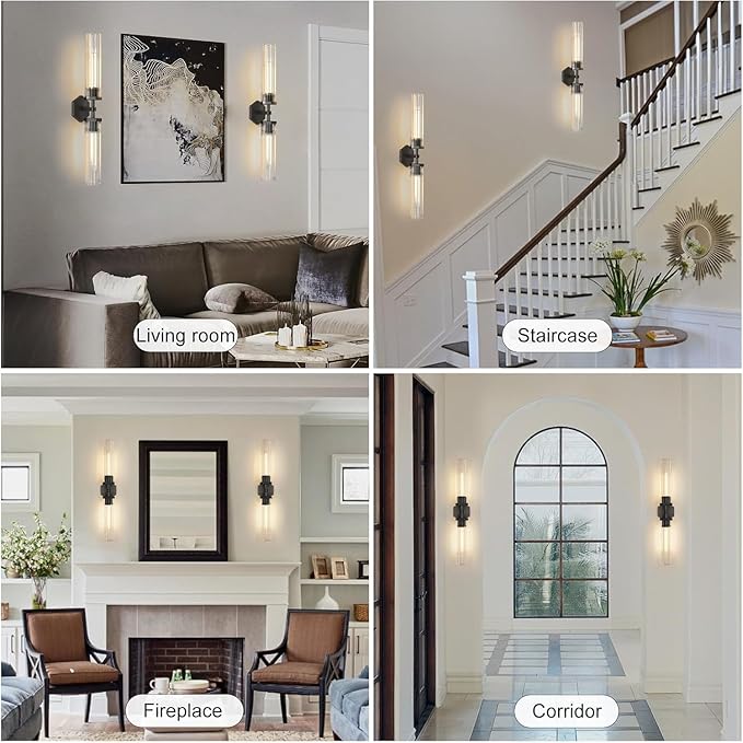 Black Crystal Bathroom Wall Sconces Set of Two Modern Bathroom Vanity Llight Fixture,28.5in Linear Sconces Wall Lighting,Indoor Wall Sconce Light for Bedroom,Hallway,Staircase,Living Room,Dining Room