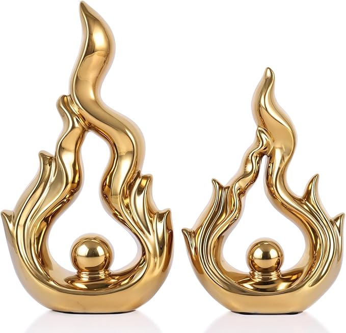2 Pcs Gold Ceramic Sculptures for Home Decor, Modern Abstract Art Statues, Centerpieces for Dining Room Table, Living Room, Shelf, Mantel, Coffee Table, Entryway Accent Decorations