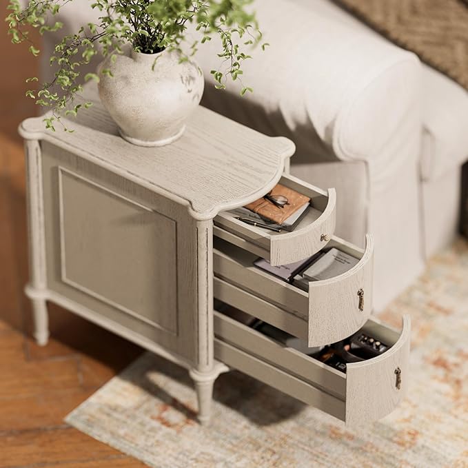 STO'SENSE Nightstand w/Charging Station & 3 Drawers, Pre-Assembled, Vintage Side Table w/Antique-Finished Pulls, Rustic Wood Finish, Narrow End Table w/Turned Legs for Bedroom (1, Antique Grey)