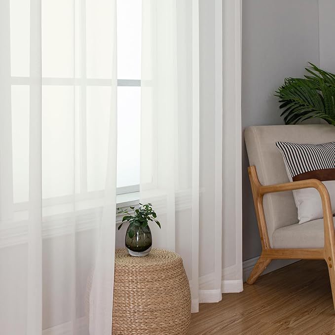 Aiyufeng Modern Sheer Window Curtains, Rod Pocket Long Curtains Translucent Drapes Semitransparent Privacy with Light Through for Bedroom/Living Room, Ivory, W40 x L96, 2 Pieces