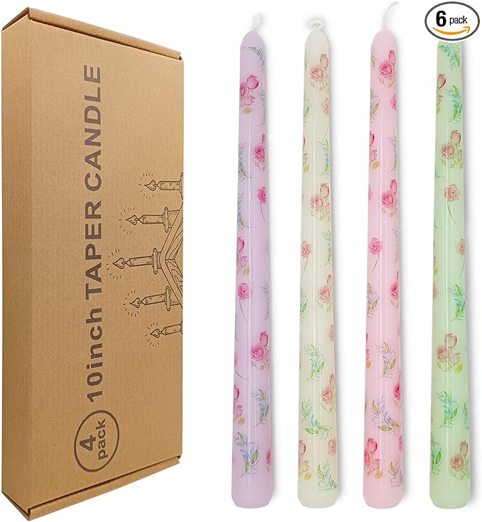 10 Inch Flower Taper Candles 4 Pcs Unscented, Smokeless, Dripless Long Tapered Candlesticks Candles for Mother's Day Birthday Dinner Dating Wedding Party Home Decor