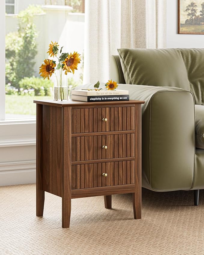Night Stand, Fluted Nightstand Bedside Tall Farmhouse Nightstand with 3 Drawers, Mid Century Modern Side Accent Table,Bedside End Table for Bedroom, Living Room, Walnut