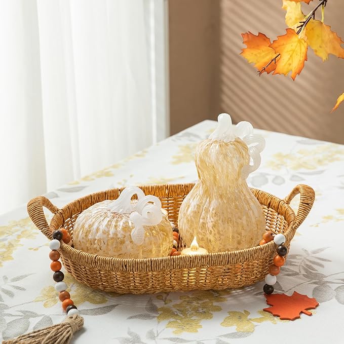 Glitzhome 6" D Fall Amber Dots Round Glass Pumpkin,Hand Blown Crystal Pumpkin Figurine Collectibles Table Accent for Fall Harvest Decorating