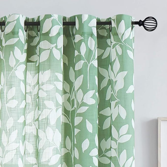White Green Curtains for Living Room 72" Length Leaf Print Semi-Sheer Curtains for School Bedroom Windows, Grommet Top, 2 Pack