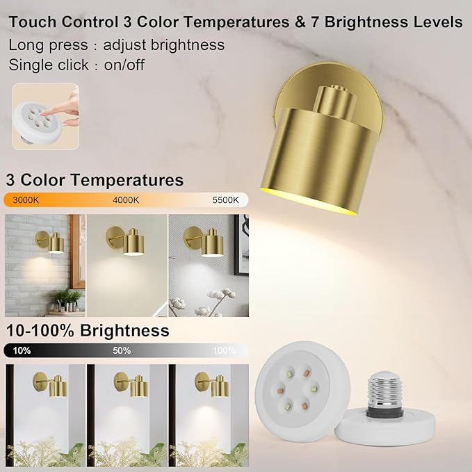 Tipace Gold LED Wall Mounted Lights 2 Pcs with Remote,Wall Sconces Lamp Battery Operated,3 Color Temperatures & Dimmable 360° Rotation Cordless Light for Bedroom Bedside Farmhouse Gallery