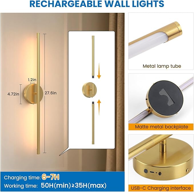 NIORSUN 27.6 Inch Battery Operated Wall Sconce Set of 2, Gold Round Base Rechargeable Wall Lights with Remote, 3CCT Dimmable Wireless Wall Sconces for Living Room Bedroom Hallway