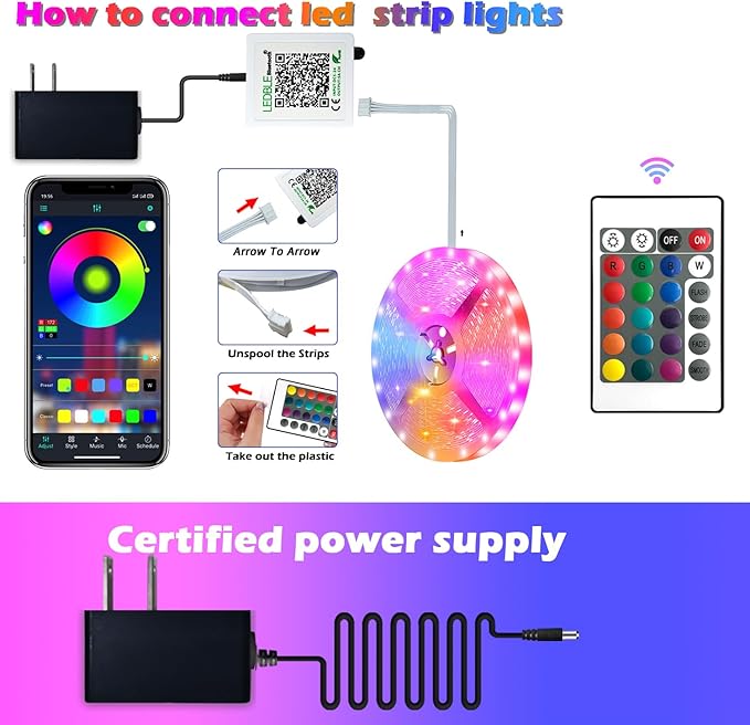 100ft Led Strip Lights,Long Smart Led Light Strips Music Sync 5050 RGB Color Changing Rope Lights,Bluetooth APP/IR Remote/Switch Box Control Led Lights for Bedroom,Home Decoration,Party,Festival