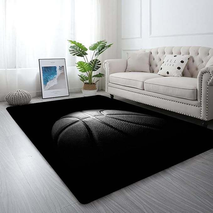 kxry 5 * 7 Feet Black Basketball Soft Area Rugs for Kids Girls Boys Basketball Sports Floor Carpet for Living Room Bedroom Dorms Nursery Rooms Home Decor Aesthetic