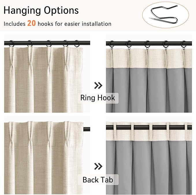 100% Blackout Shield Linen Look Textured Pinch Pleated Curtains Blackout Drapes 120 Inch Long 2 Panels Set, Faux Linen Blackout Curtains for Bedroom & Living Room, 40" W x 120" L, Cream