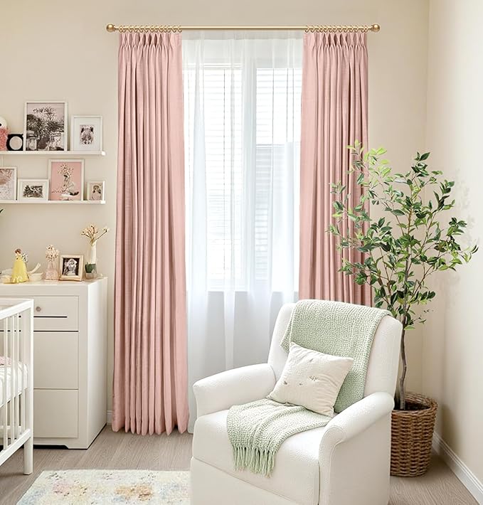 100% Blackout Shield Linen Look Textured Pinch Pleated Curtains Blackout Drapes 108 Inch Long 2 Panels Set, Faux Linen Blackout Curtains for Bedroom & Living Room, 40" W x 108" L, Blush Pink