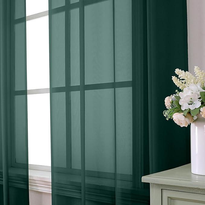 Aiyufeng Hunter Green Sheer Curtain Drapes 96 Inch Length 2 Panels for Living Room, Light Filtering Voile Green Drapes for Bedroom, Patio, Sliding Door, Each 42" W x 96" L