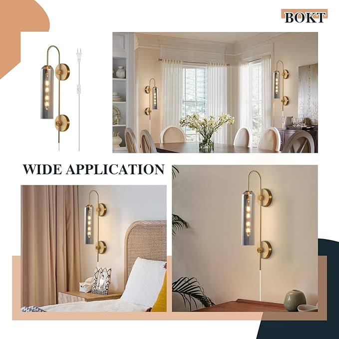 BOKT Mid Century Modern Brass Gold Plug in Wall Light Lamp 1 Light Indoor Smoke Gray Glass Wall Sconce Lighting Single Vintage Wall Mounted Bedroom Lights Plug in Sconces Wall Lighting (Smoke Gray)